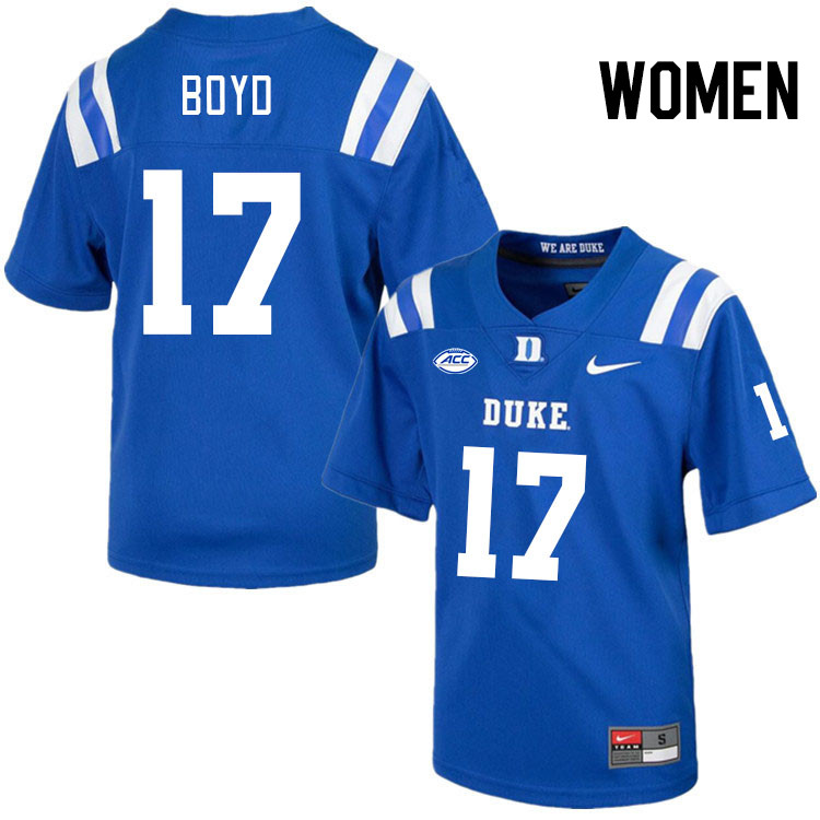 Women #17 Quran Boyd Duke Blue Devils College Football Jerseys Stitched Sale-Royal